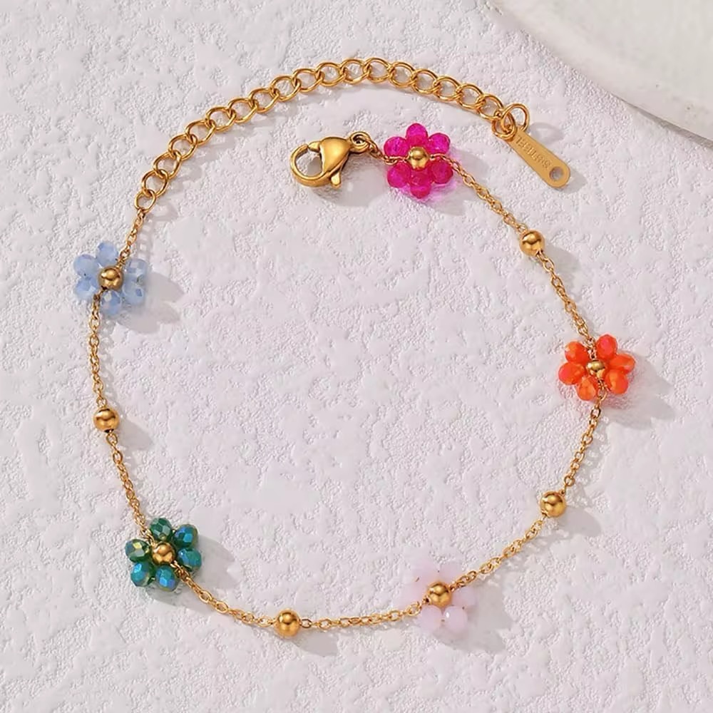 18K Gold Plated Colorful Flower Charms Bracelet - Picture 7 of 10